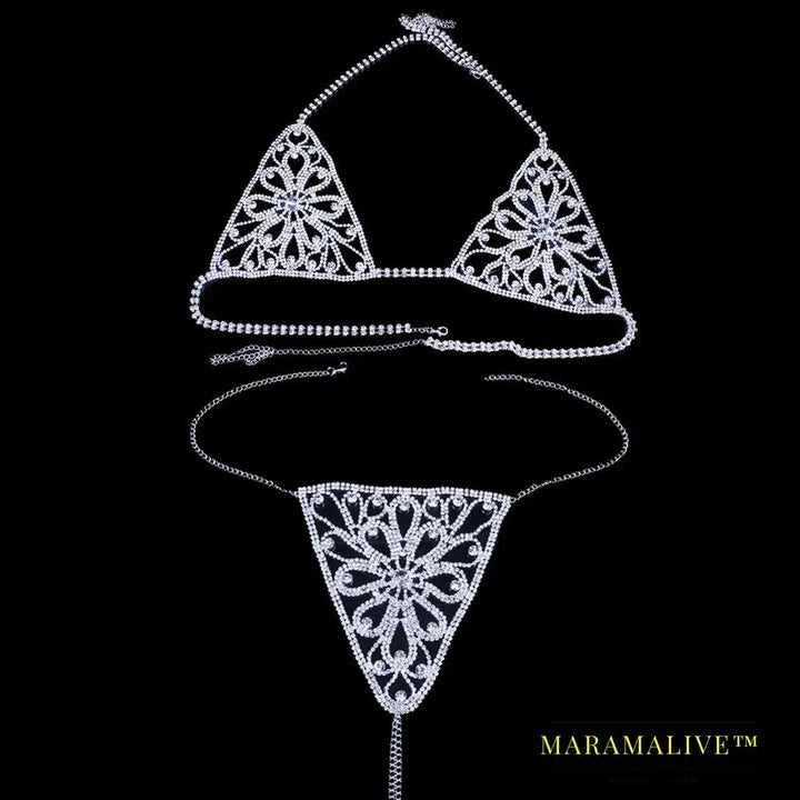 New Flower Crystal Body Harness Lingerie Chain for Women Sexy Rhinestone Bra Panties Set Valentine Underwear Jewelry