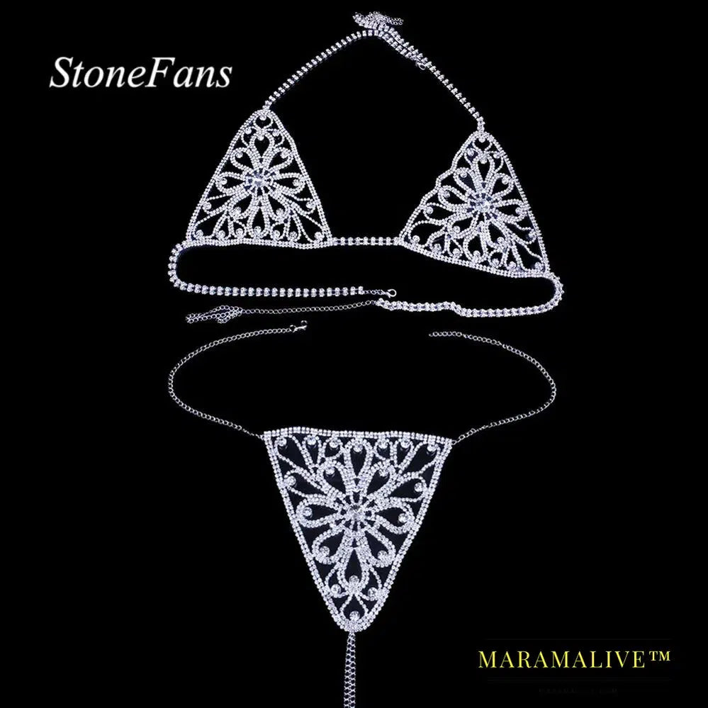 New Flower Crystal Body Harness Lingerie Chain for Women Sexy Rhinestone Bra Panties Set Valentine Underwear Jewelry