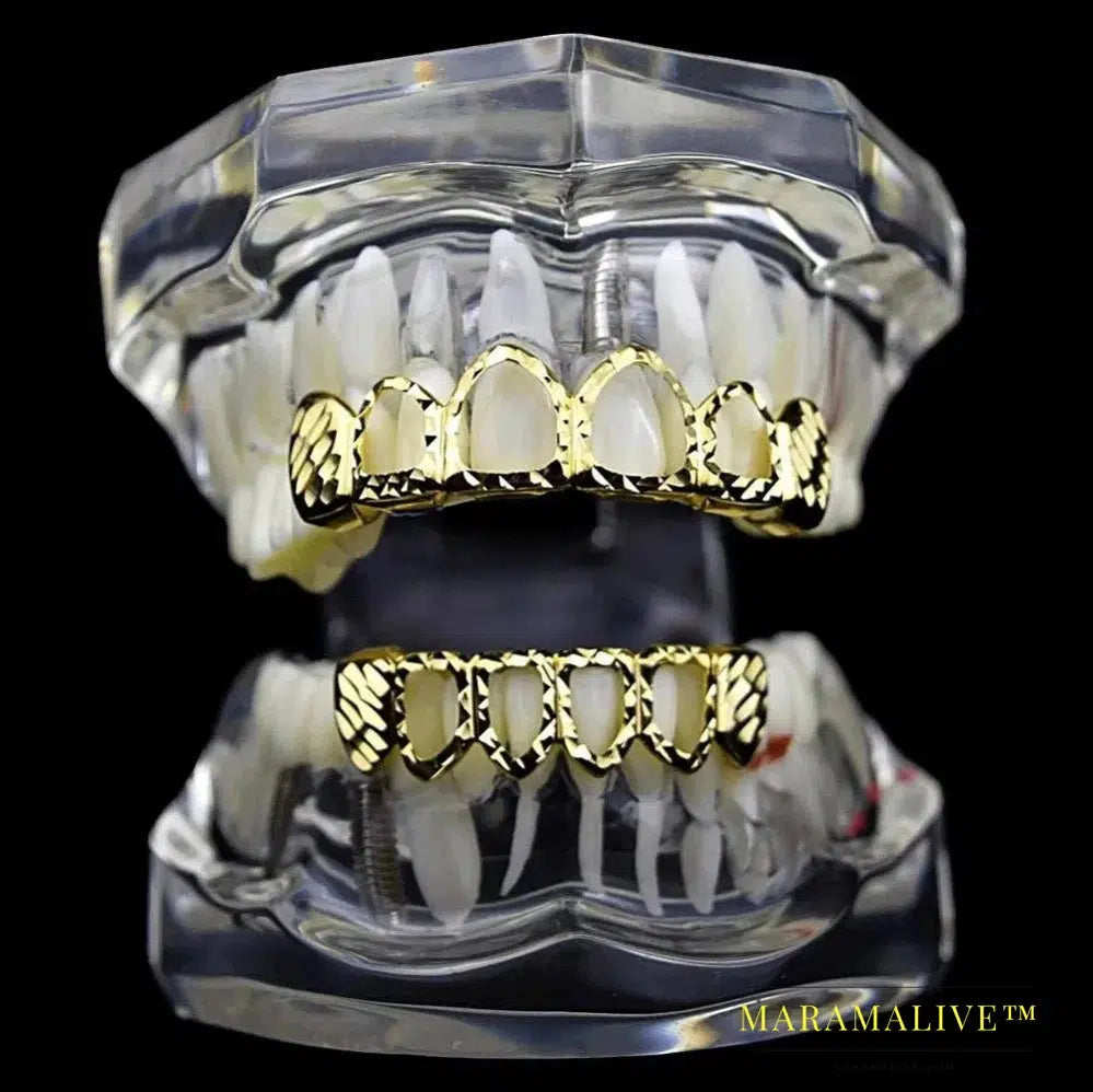 New Gold Silver Color Hollow Open Dlampnd Cut 6 Teeth Top & Bottom Grills Braces Caps Hip Hop GRILLZ Set Party Jewelry