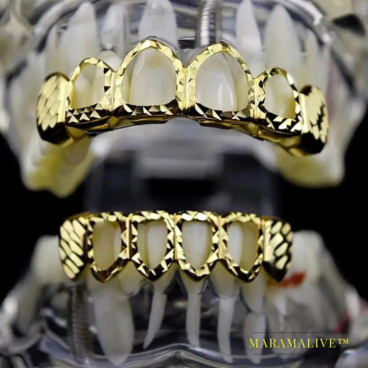 New Gold Silver Color Hollow Open Dlampnd Cut 6 Teeth Top & Bottom Grills Braces Caps Hip Hop GRILLZ Set Party Jewelry