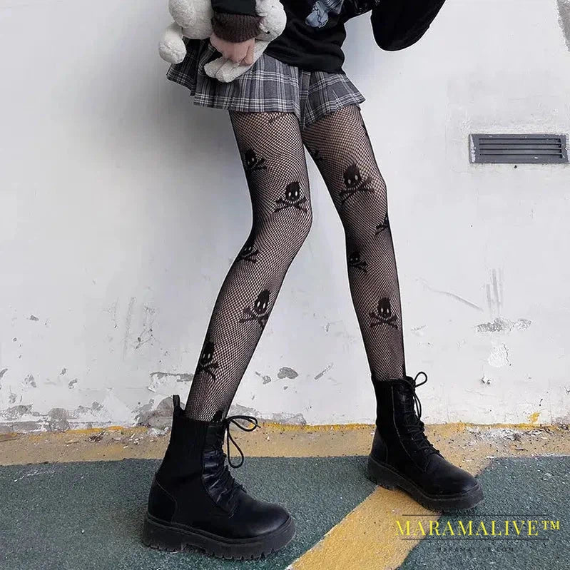 New Goth Lolita Cosplay JK Girls Tights Women Sexy Retro Gothic Kawaii Cross Print Club Stockings Nylon Socks Fishnet Pantyhose