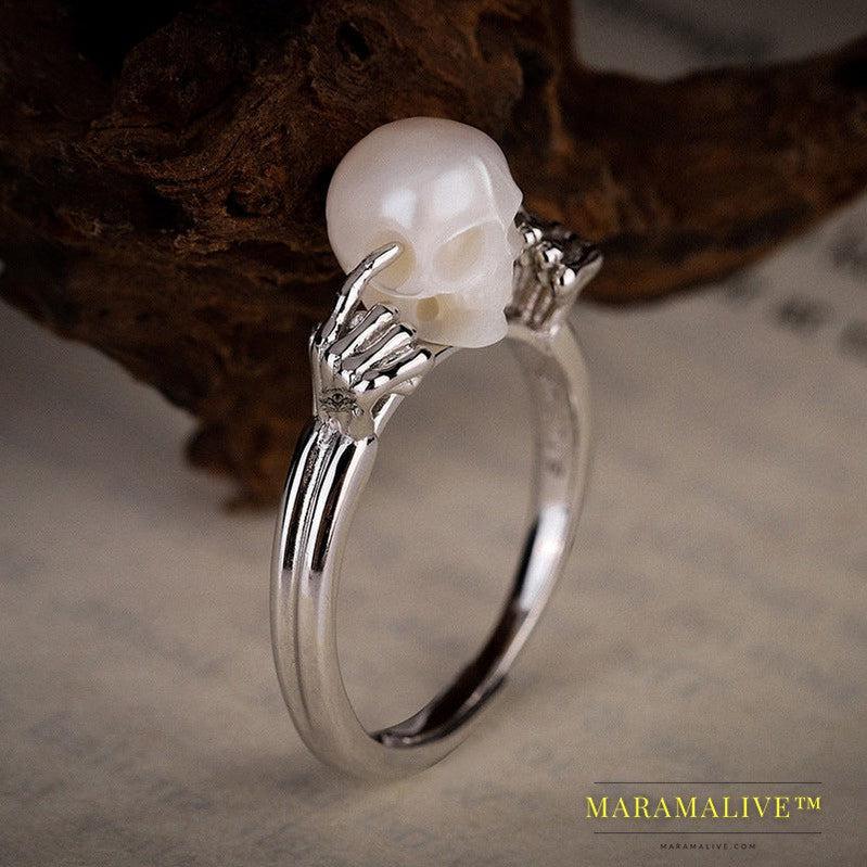 New Gothic Pearl Skull Head Women's Ring