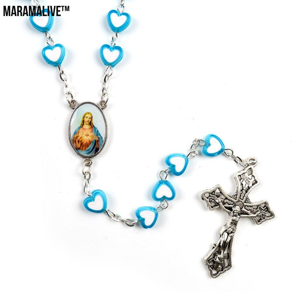 New Heart-Shaped Acrylic Rosary Necklace