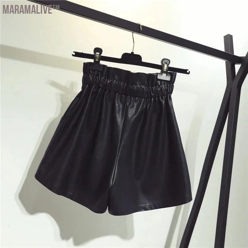 New High Waist Laced Up Shorts Flower Bud Wide Leg Leather Shorts Autumn Winter Loose High Street Black Sexy Women Shorts