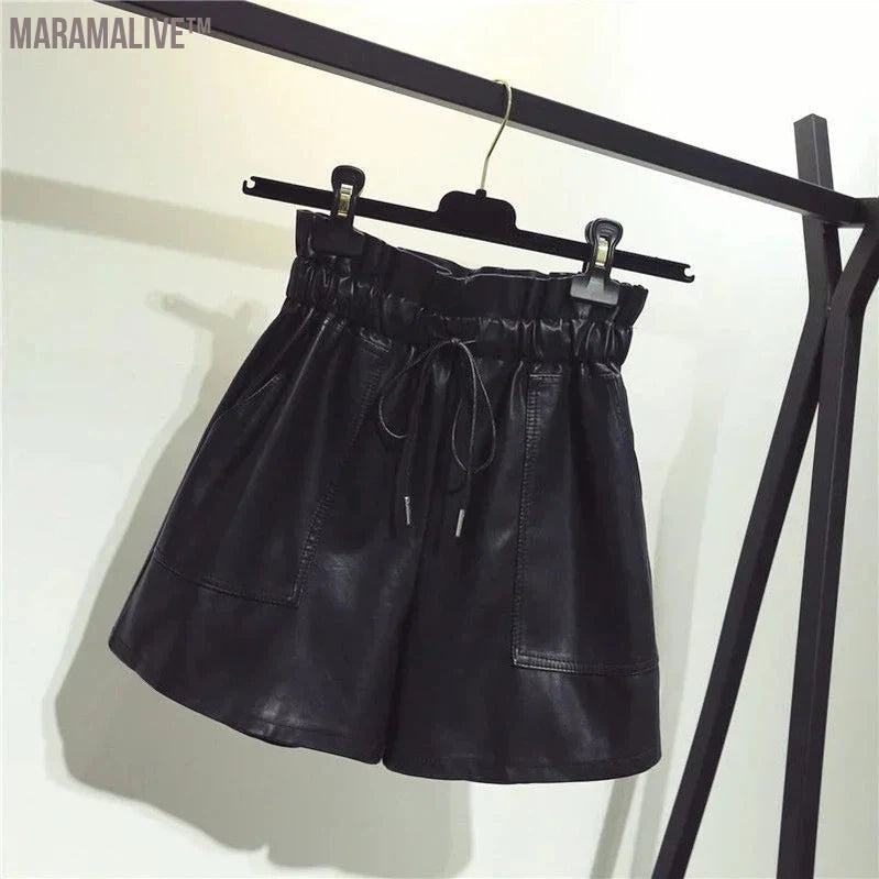 New High Waist Laced Up Shorts Flower Bud Wide Leg Leather Shorts Autumn Winter Loose High Street Black Sexy Women Shorts