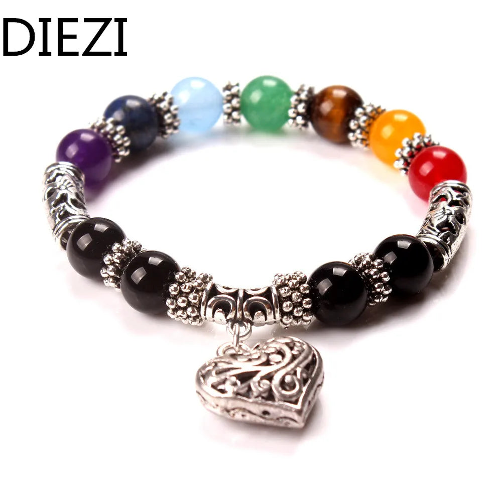 New Men Women 7 Chakra Bracelets Bangles Colors Mixed Healing Crystals Stone Chakra Pray Mala Heart Charm Bracelet Jewelry