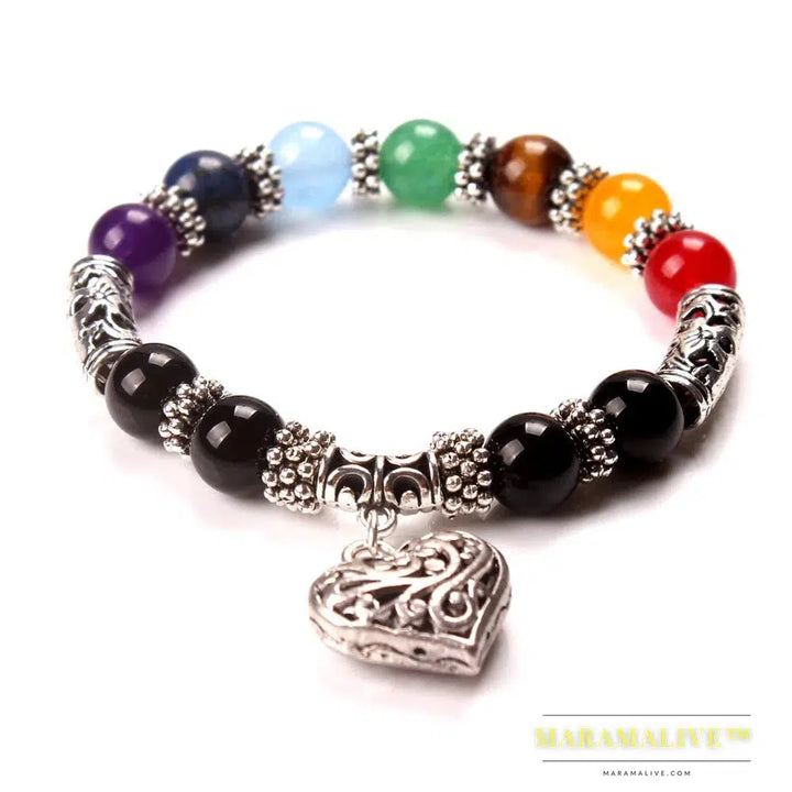 New Men Women 7 Chakra Bracelets Bangles Colors Mixed Healing Crystals Stone Chakra Pray Mala Heart Charm Bracelet Jewelry