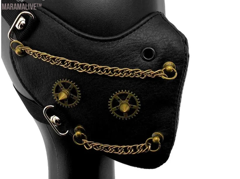 New Men Women Steampunk Half Face Mask Retro Gothic Leather Mask Halloween Cosplay Gears Mask Spike Mask Metal Chain Punk Rock