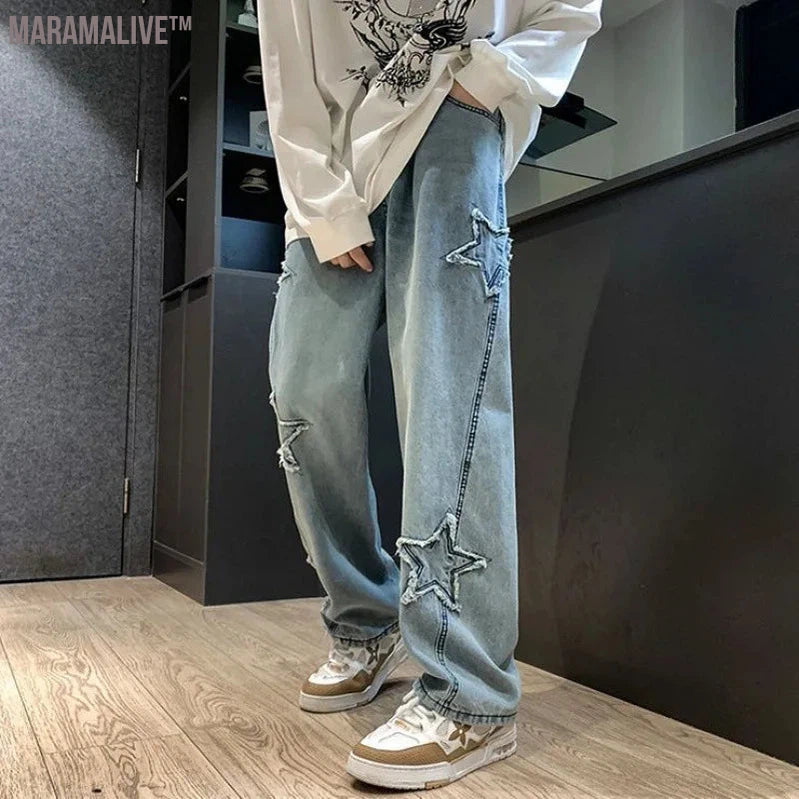 New Men's Star Embroidered Fashion Loose Jeans Y2K High Street Hip Hop Stretch Soft Straight Wide Leg Denim Trousers Male