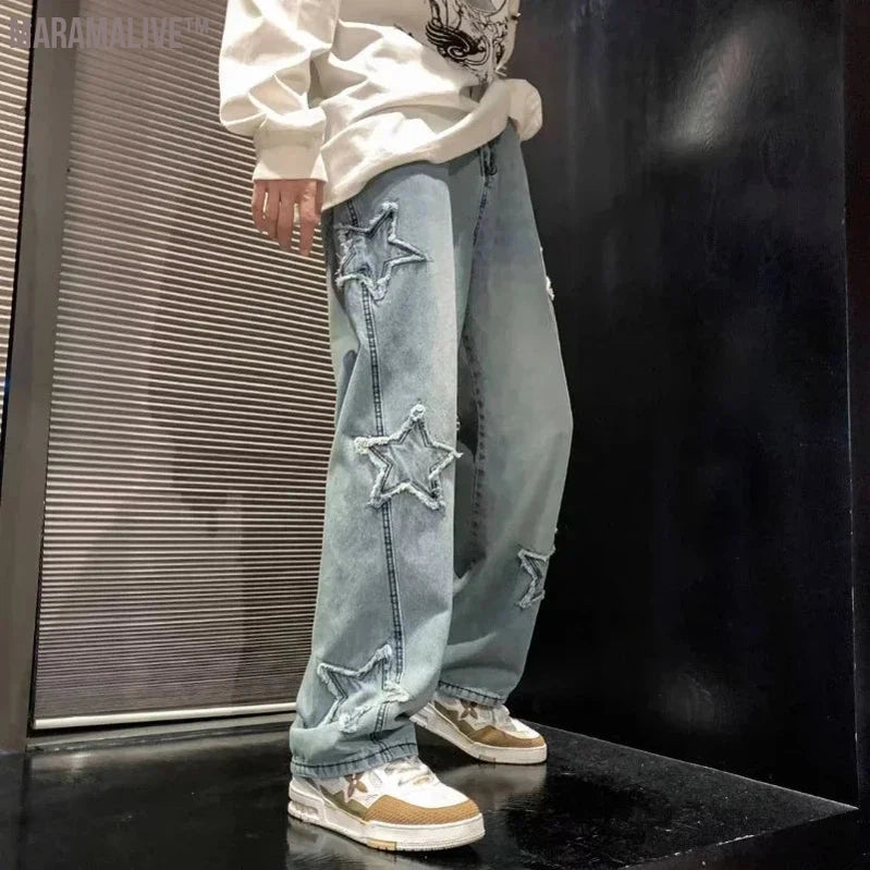 New Men's Star Embroidered Fashion Loose Jeans Y2K High Street Hip Hop Stretch Soft Straight Wide Leg Denim Trousers Male