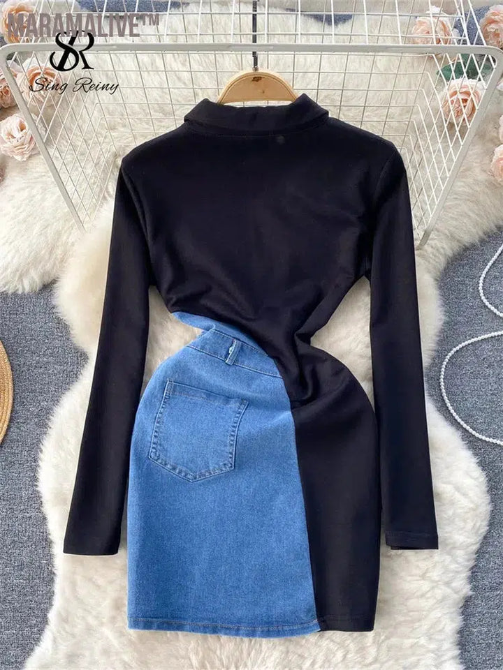 New Patchwork Women Dress Polo Collar Zipper Denim Belt Design Fashion Streetwear Bodycon Midi Dress