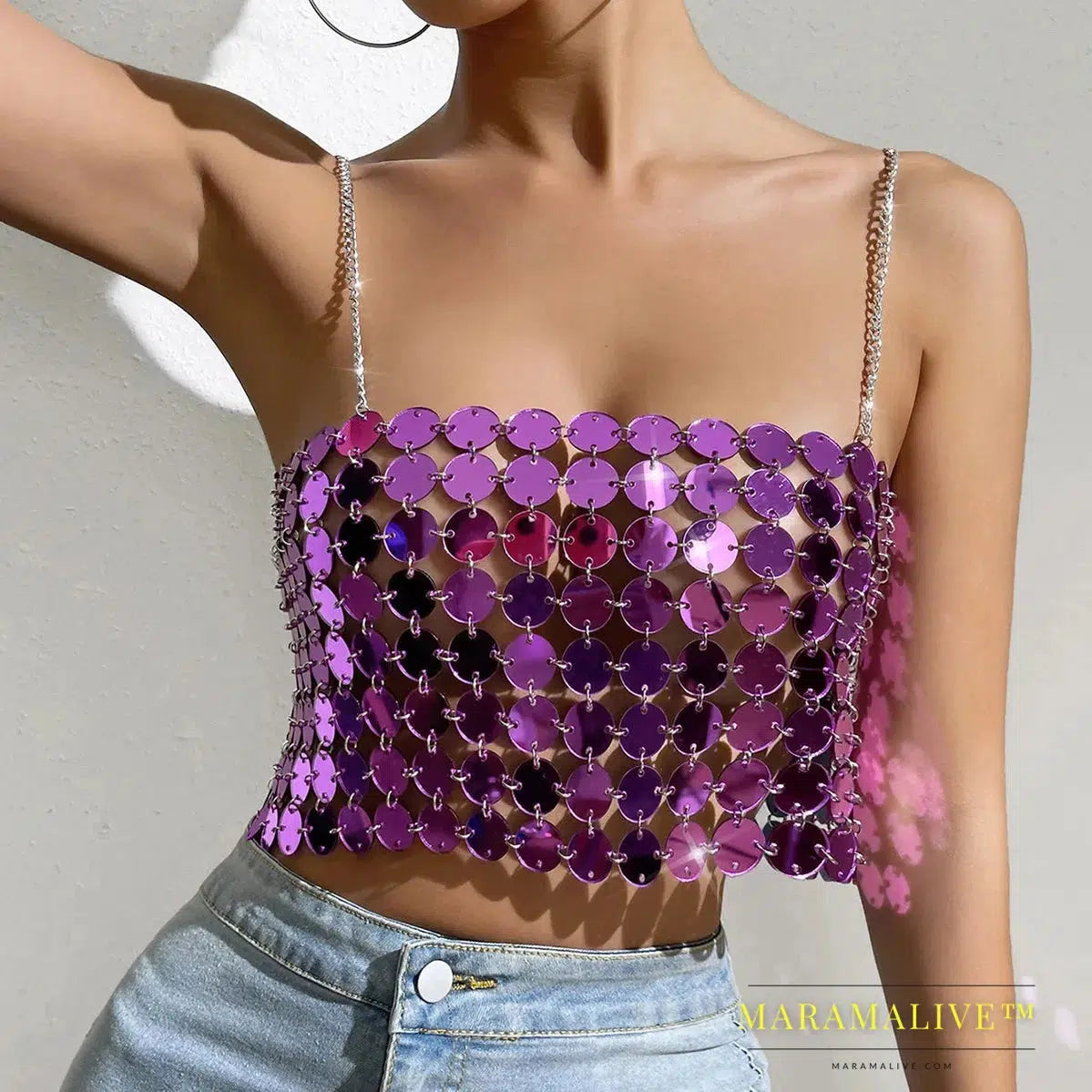 New Purple Sequined Crop Tops for Women Sexy Backless Female Clothing Shiny Metal Shoulder Strap Hollow Out Top