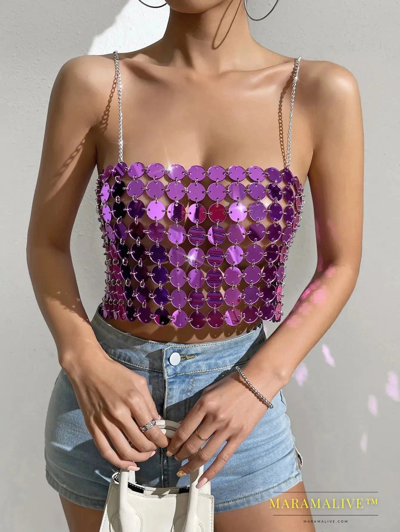 New Purple Sequined Crop Tops for Women Sexy Backless Female Clothing Shiny Metal Shoulder Strap Hollow Out Top