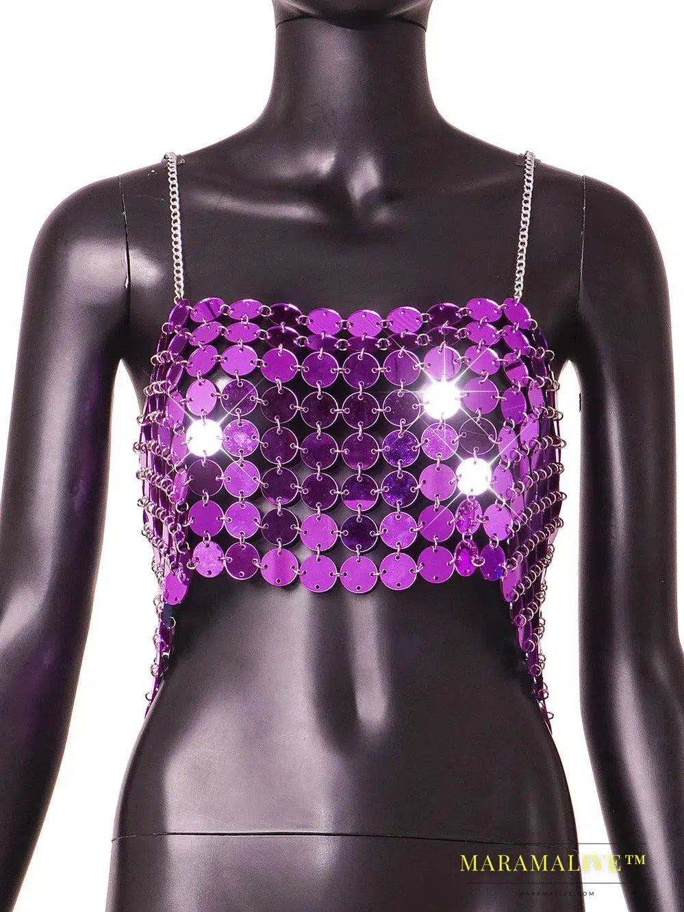 New Purple Sequined Crop Tops for Women Sexy Backless Female Clothing Shiny Metal Shoulder Strap Hollow Out Top