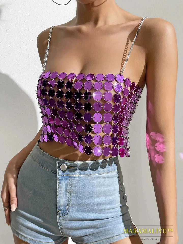 New Purple Sequined Crop Tops for Women Sexy Backless Female Clothing Shiny Metal Shoulder Strap Hollow Out Top