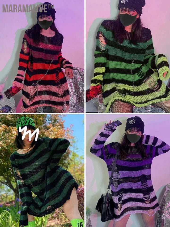 New Purple Striped Gothic Sweaters Women Ripped Holes Loose Knitted Pullover Frayed Fairy Grunge Jumpers Emo Streetwear Lolita