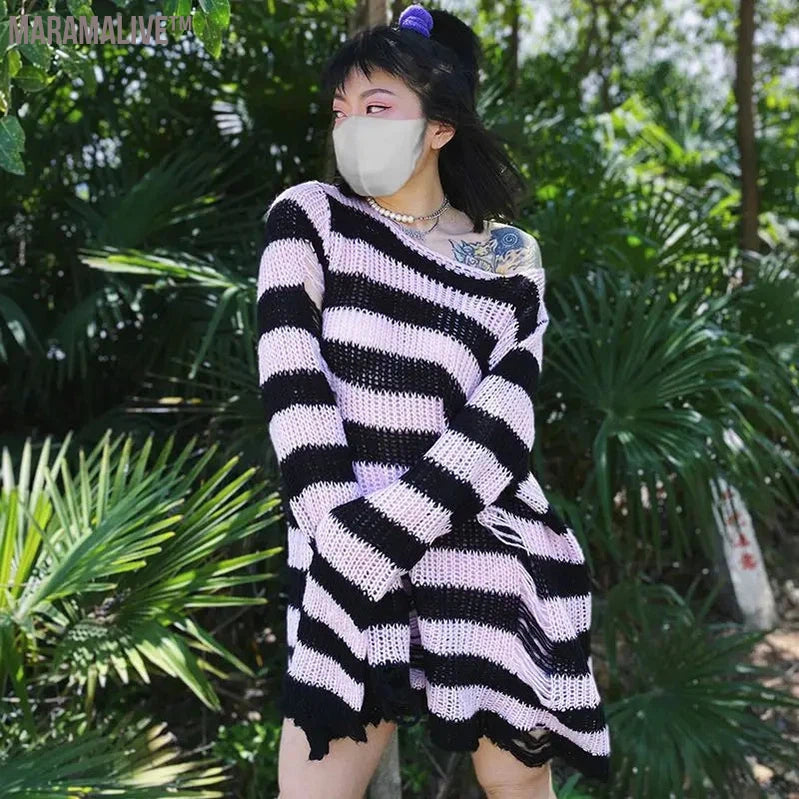 New Purple Striped Gothic Sweaters Women Ripped Holes Loose Knitted Pullover Frayed Fairy Grunge Jumpers Emo Streetwear Lolita