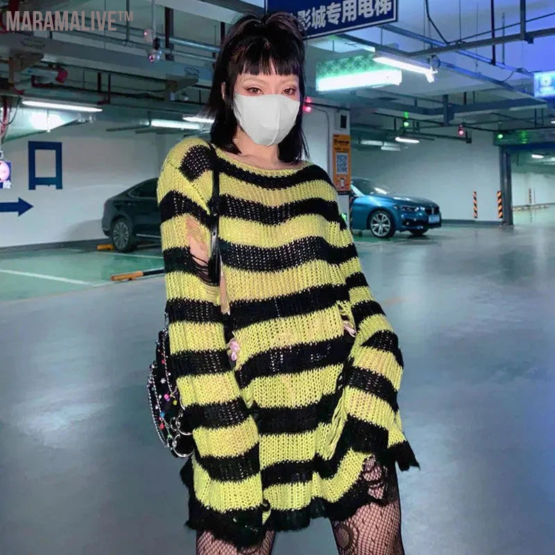 New Purple Striped Gothic Sweaters Women Ripped Holes Loose Knitted Pullover Frayed Fairy Grunge Jumpers Emo Streetwear Lolita