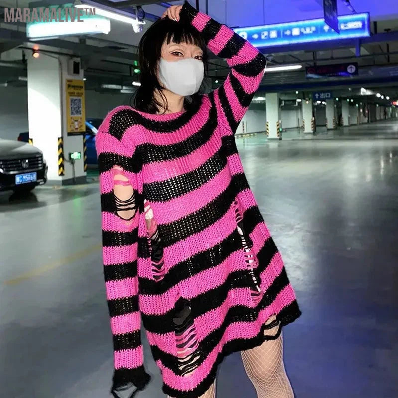 New Purple Striped Gothic Sweaters Women Ripped Holes Loose Knitted Pullover Frayed Fairy Grunge Jumpers Emo Streetwear Lolita