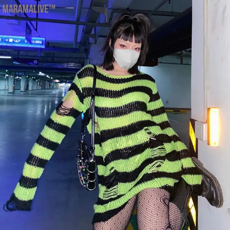 New Purple Striped Gothic Sweaters Women Ripped Holes Loose Knitted Pullover Frayed Fairy Grunge Jumpers Emo Streetwear Lolita