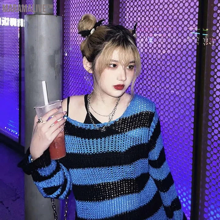 New Purple Striped Gothic Sweaters Women Ripped Holes Loose Knitted Pullover Frayed Fairy Grunge Jumpers Emo Streetwear Lolita