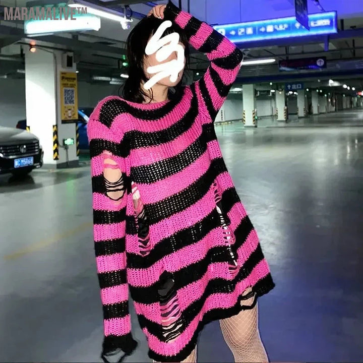 New Purple Striped Gothic Sweaters Women Ripped Holes Loose Knitted Pullover Frayed Fairy Grunge Jumpers Emo Streetwear Lolita