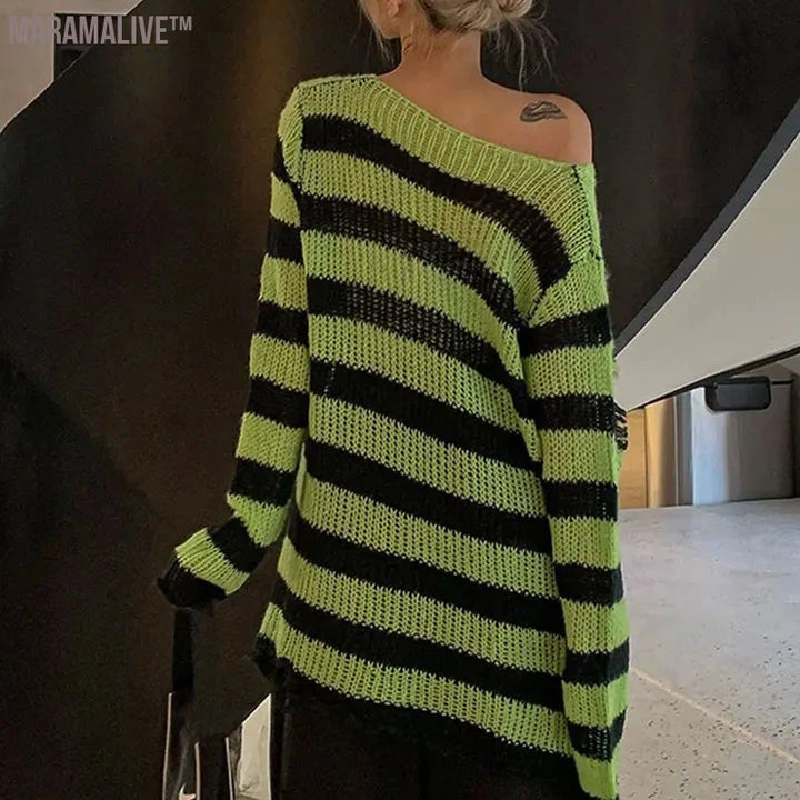 New Purple Striped Gothic Sweaters Women Ripped Holes Loose Knitted Pullover Frayed Fairy Grunge Jumpers Emo Streetwear Lolita