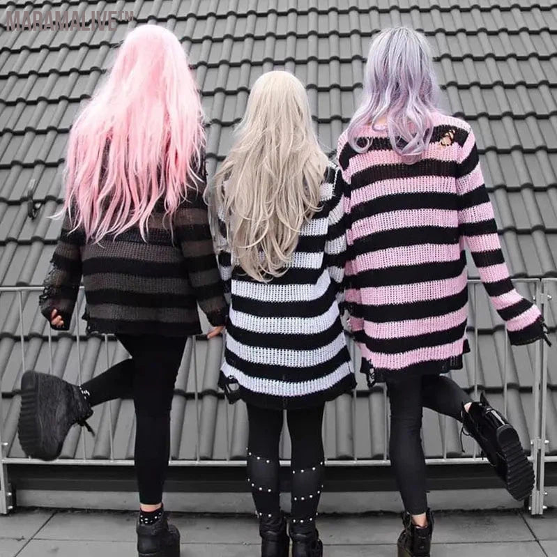 New Purple Striped Gothic Sweaters Women Ripped Holes Loose Knitted Pullover Frayed Fairy Grunge Jumpers Emo Streetwear Lolita