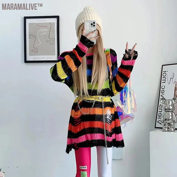 New Purple Striped Gothic Sweaters Women Ripped Holes Loose Knitted Pullover Frayed Fairy Grunge Jumpers Emo Streetwear Lolita