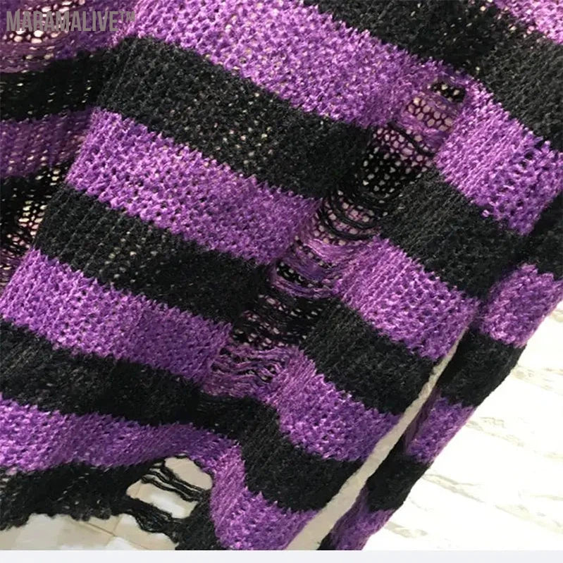 New Purple Striped Gothic Sweaters Women Ripped Holes Loose Knitted Pullover Frayed Fairy Grunge Jumpers Emo Streetwear Lolita