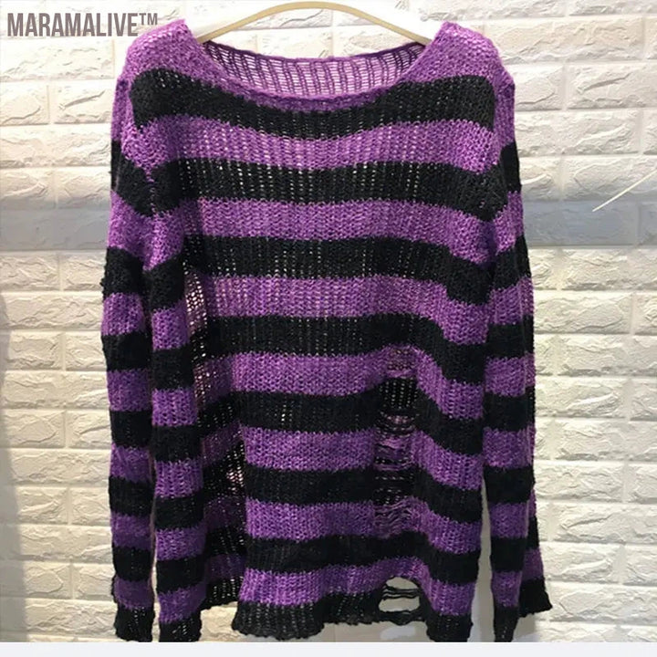 New Purple Striped Gothic Sweaters Women Ripped Holes Loose Knitted Pullover Frayed Fairy Grunge Jumpers Emo Streetwear Lolita