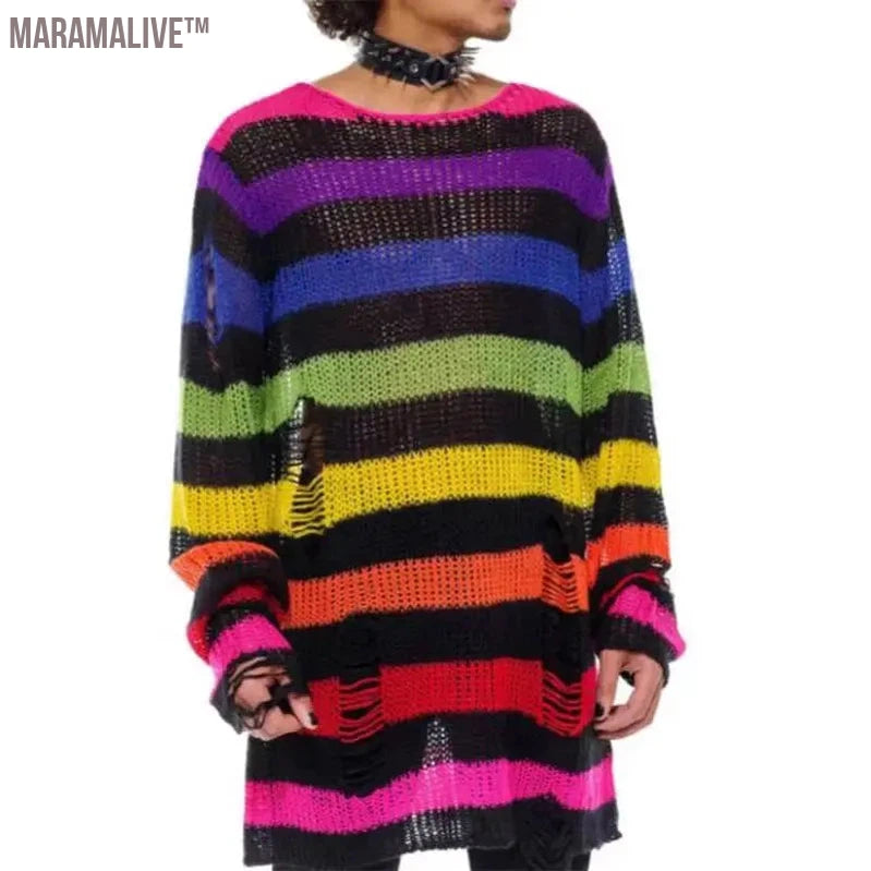 New Purple Striped Gothic Sweaters Women Ripped Holes Loose Knitted Pullover Frayed Fairy Grunge Jumpers Emo Streetwear Lolita