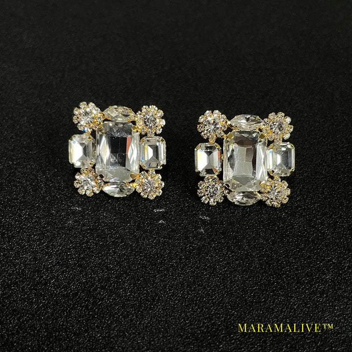 New Square Clip Earrings no Hole Wedding Jewelry Women Large Clear Crystal Rhinestone Clip on Earrings Ear Women