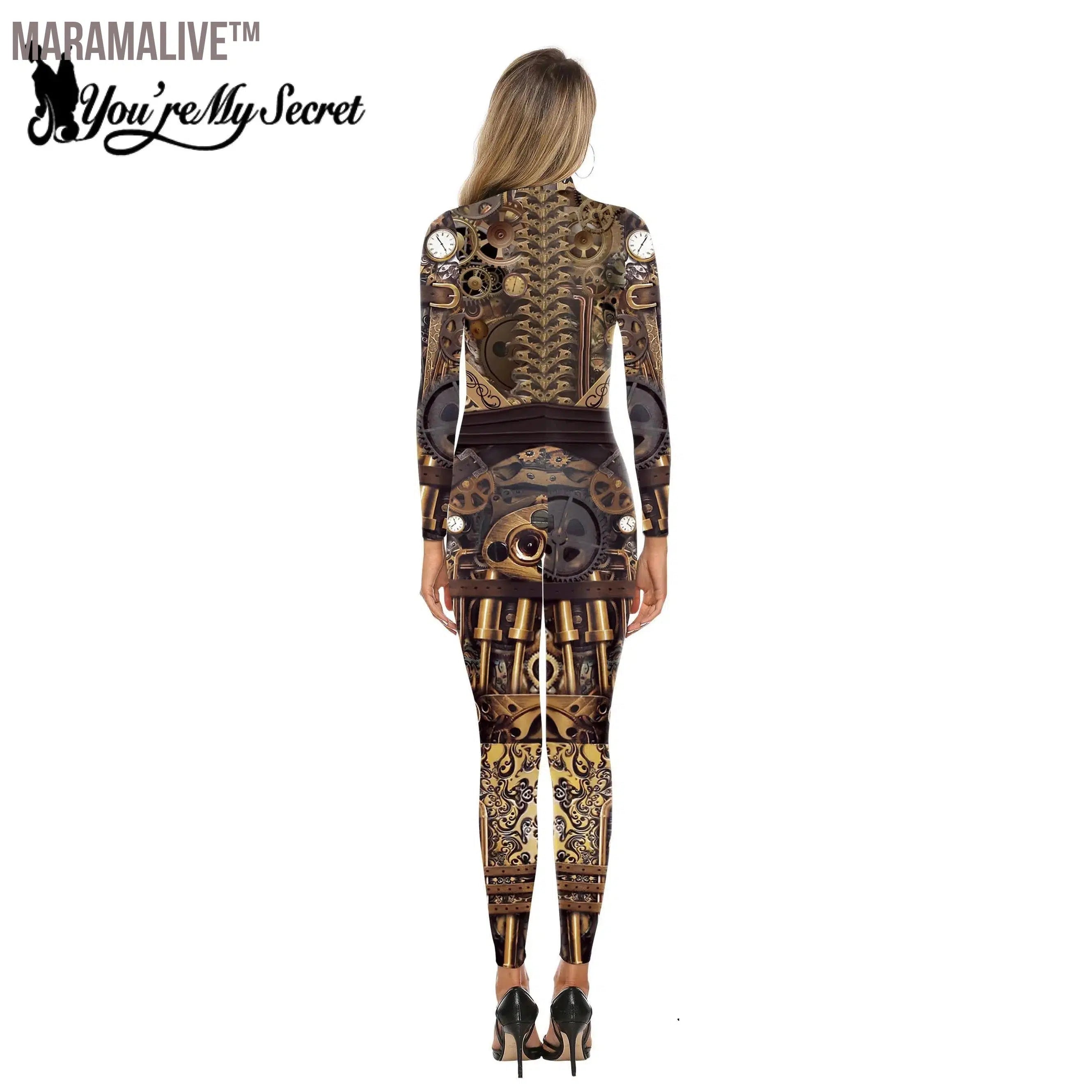 New Steampunk Cosplay Bodysuit Women Long Sleeves Zipper Suit Cosplay Costume 3D Printed Gear Catsuit