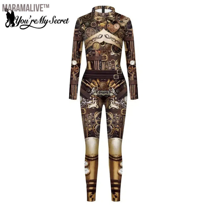 New Steampunk Cosplay Bodysuit Women Long Sleeves Zipper Suit Cosplay Costume 3D Printed Gear Catsuit