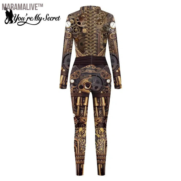 New Steampunk Cosplay Bodysuit Women Long Sleeves Zipper Suit Cosplay Costume 3D Printed Gear Catsuit