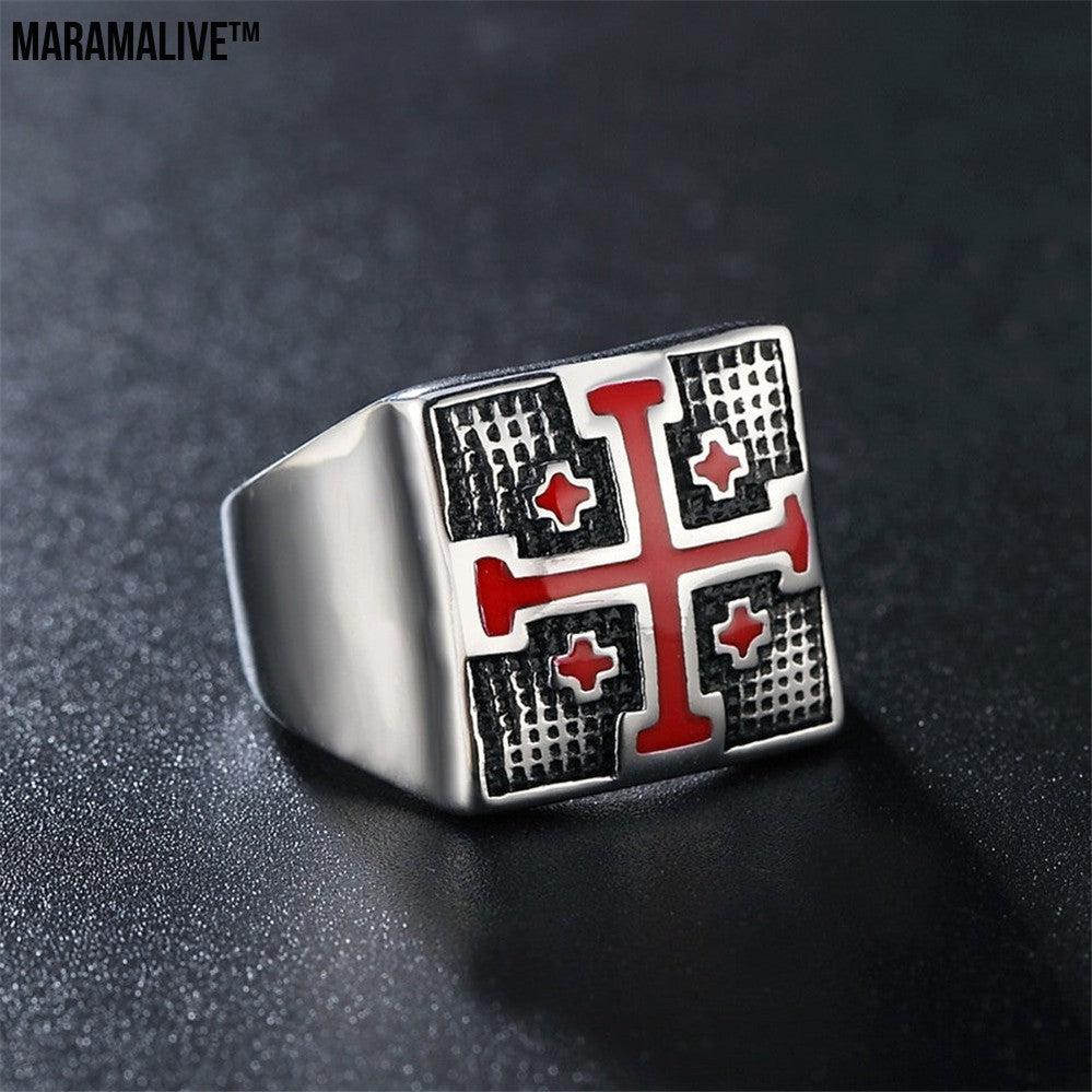 New Style Foreign Trade Ring Red Crusade Mens Titanium Steel Ring