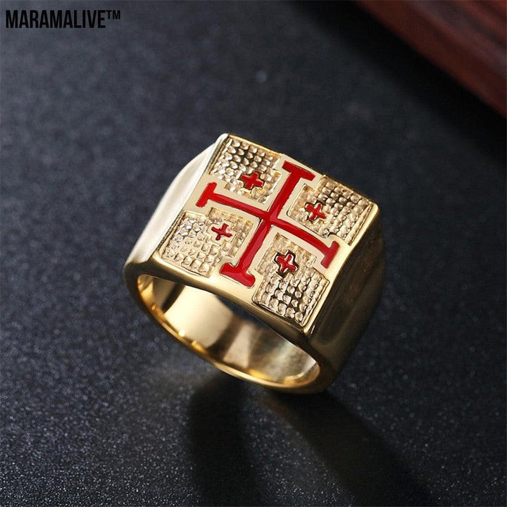 New Style Foreign Trade Ring Red Crusade Mens Titanium Steel Ring