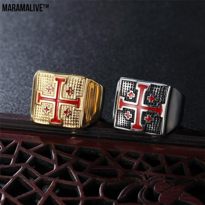 New Style Foreign Trade Ring Red Crusade Mens Titanium Steel Ring