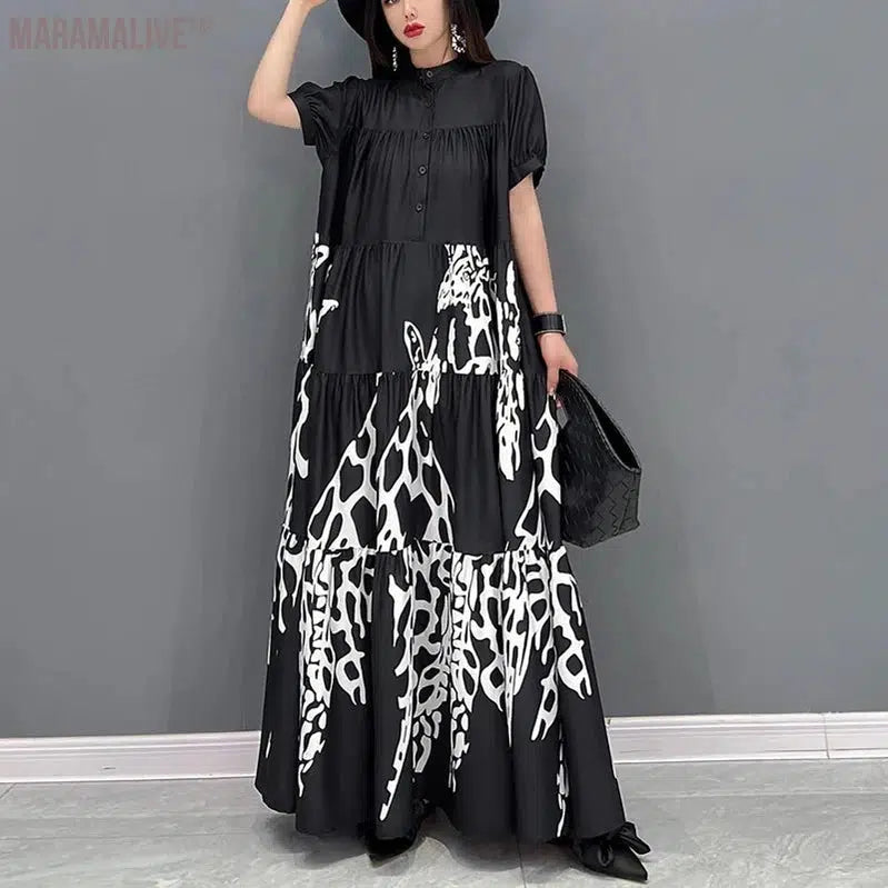 New Style Woman Summer Graffiti Printed Long Black Large Shirt Dress Big Size Loose Fit Tide Casual Robe Femme JJXD060