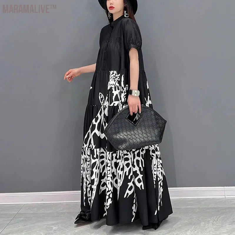 New Style Woman Summer Graffiti Printed Long Black Large Shirt Dress Big Size Loose Fit Tide Casual Robe Femme JJXD060