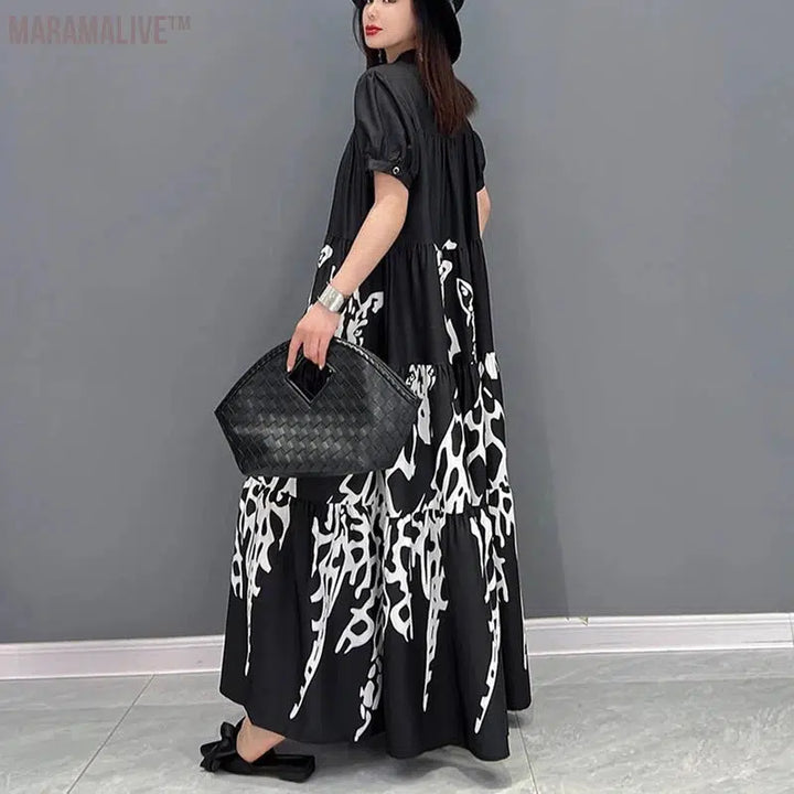 New Style Woman Summer Graffiti Printed Long Black Large Shirt Dress Big Size Loose Fit Tide Casual Robe Femme JJXD060