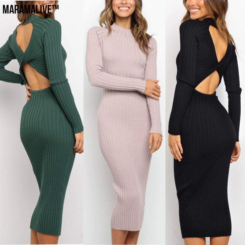 New Style Women's Suits Sweater Dresses Women's Solid Color Backless Bow Tight Dresses