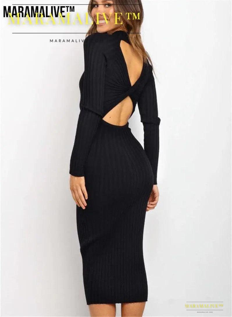 New Style Women's Suits Sweater Dresses Women's Solid Color Backless Bow Tight Dresses