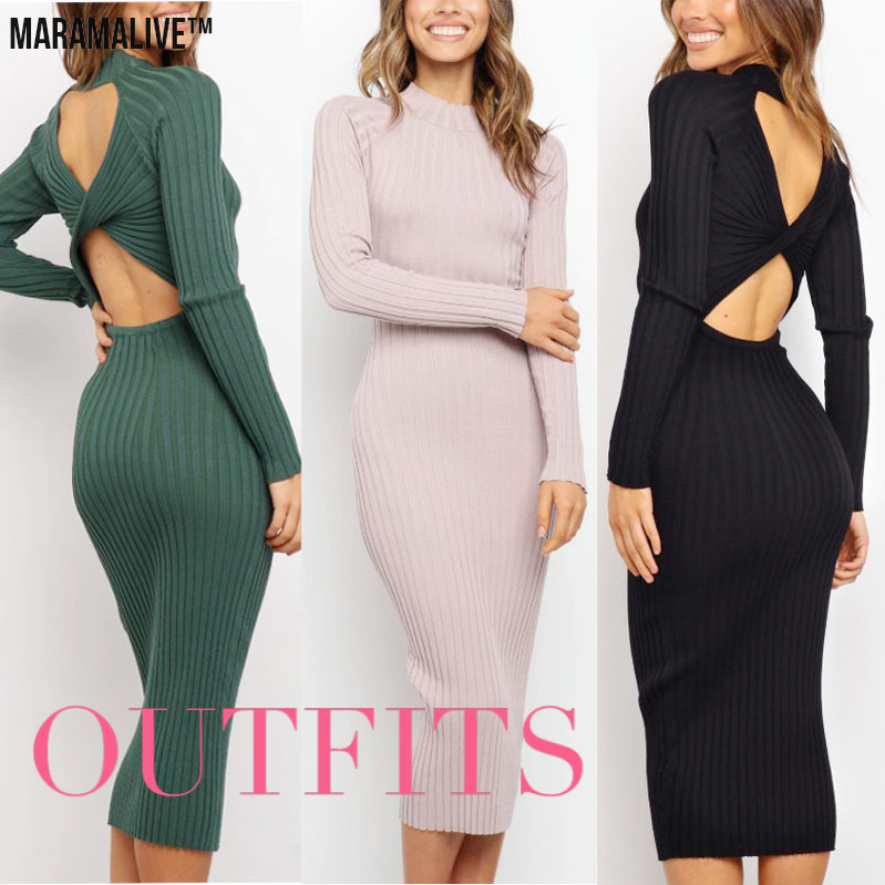 New Style Women's Suits Sweater Dresses Women's Solid Color Backless Bow Tight Dresses