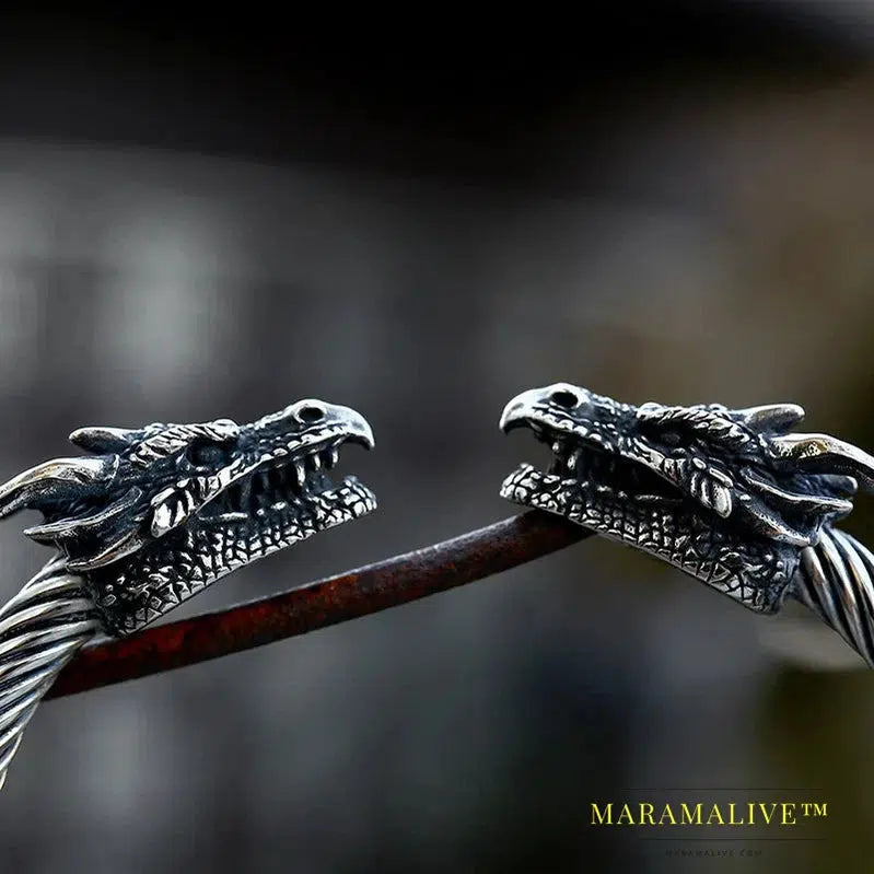 New Unique Design Stainless Steel Double Dragon Heads Bracelet Punk Cool Bangle For Men Animal Biker Jewelry Gift