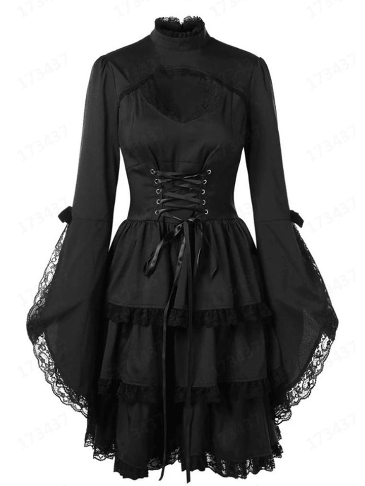 New Vintage Elegant Lace Up Goth Retro Party Dresses Women Gothic Punk Dress Y2K Long Flare Sleeve Sexy Black Mesh Sawing Dress