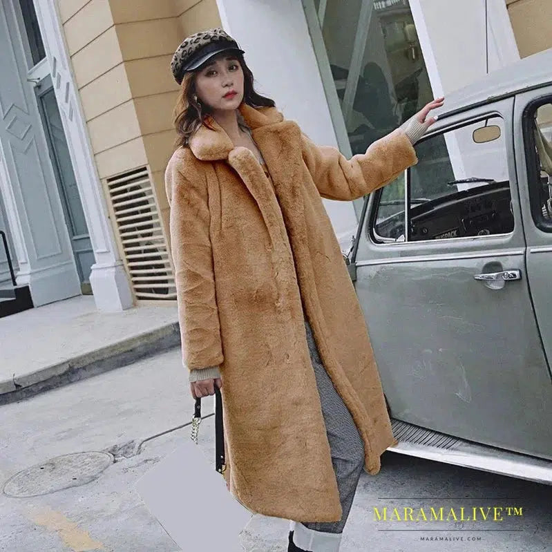 New Women Autumn Winter Furry Warm Fur Outerwear Fashion Loose Faux Fur Rabbit Long Jacket Casual Thickened Fur Coat