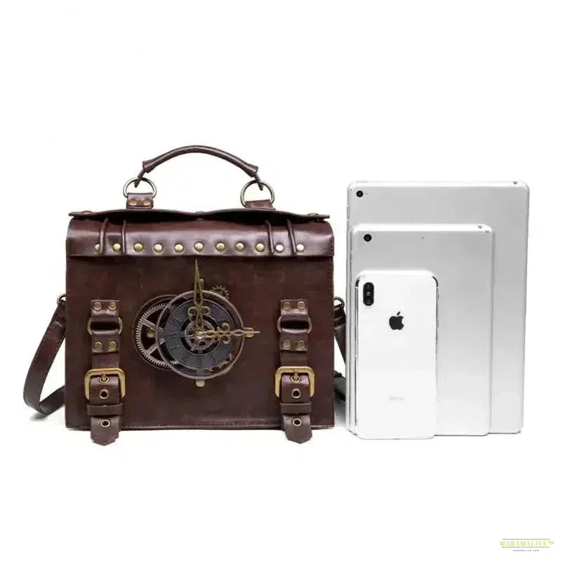 New Women Bag Steampunk Industrial Retro Single Shoulder Diagonal Bag Brown Clock Decoration Pu Faux Leather Backpack