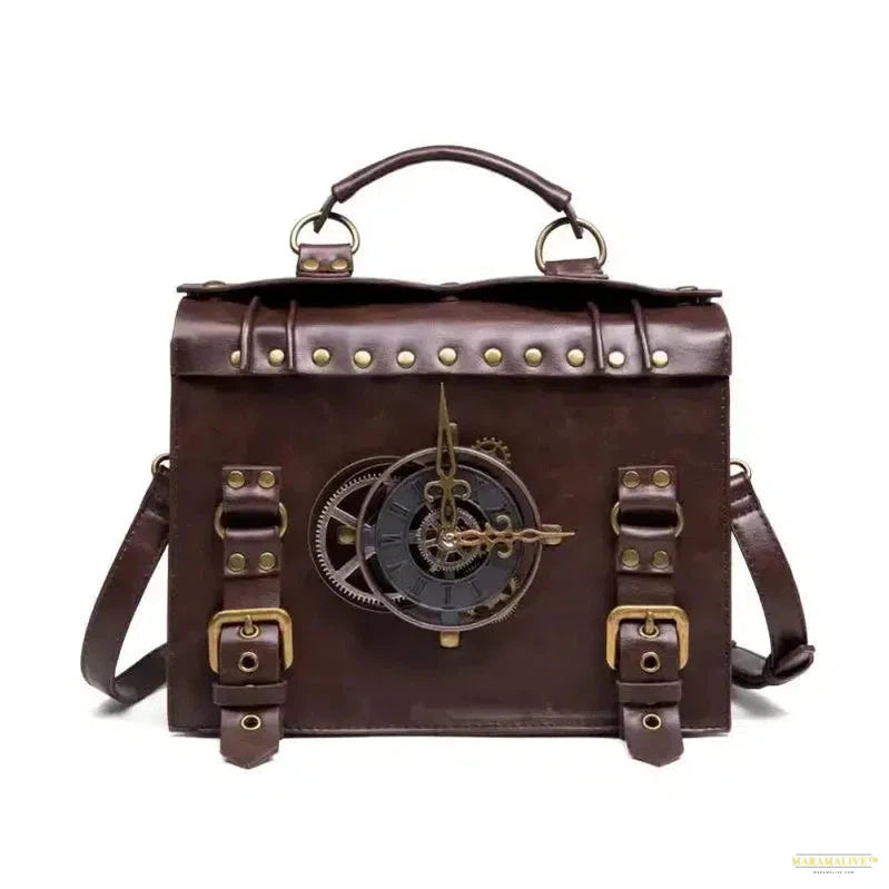 New Women Bag Steampunk Industrial Retro Single Shoulder Diagonal Bag Brown Clock Decoration Pu Faux Leather Backpack